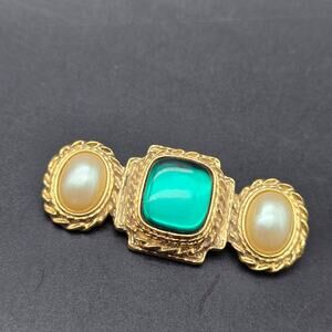 1928 Brand Brooch Green Faux Pearl Gold Tone Bar Costume Jewelry